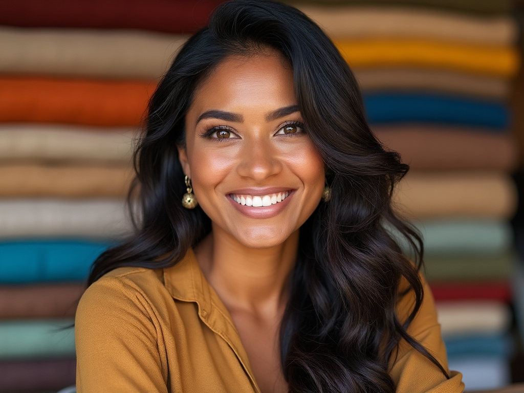 Tere, the generated avatar of Telas Real's WhatsApp textile advisor, smiling in front of shelves stacked with colorful fabric rolls